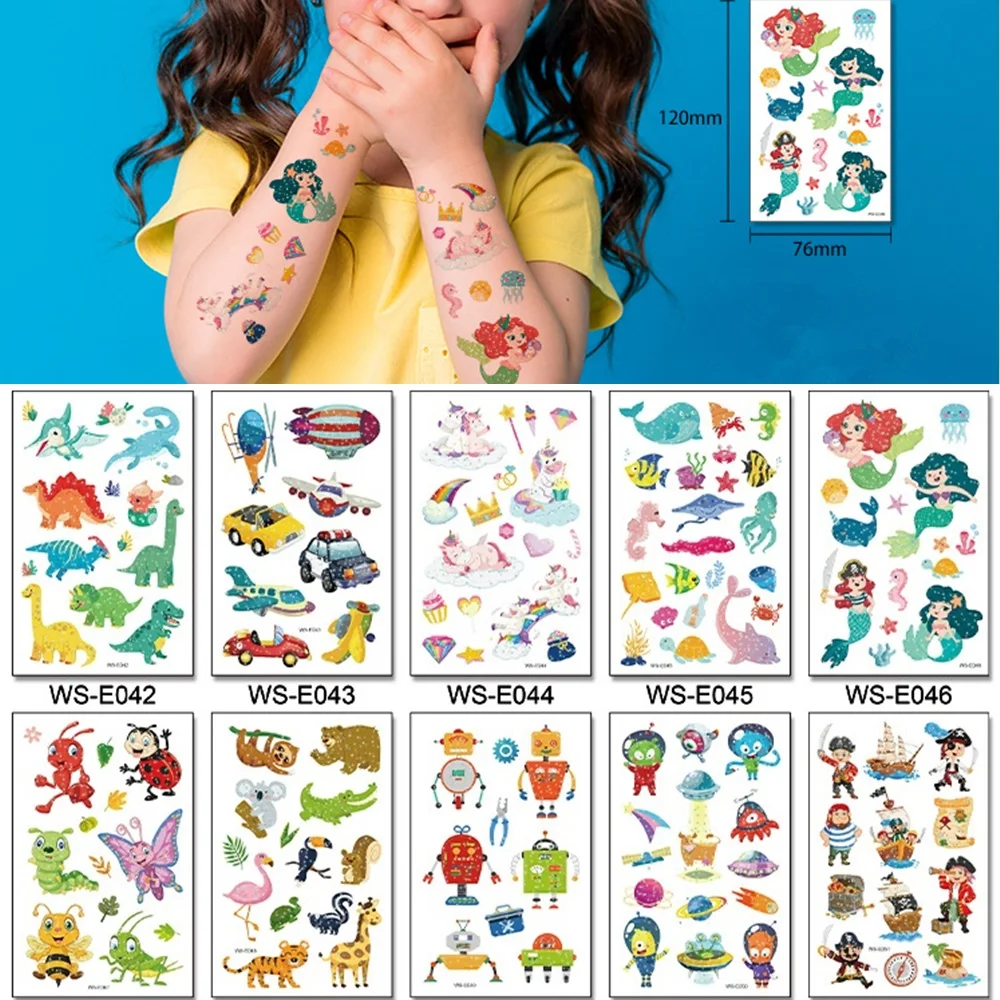 10 Kinds Glitter Powder Tattoos Children Cartoon Cars Dinosaurs Unicorns Mermaid Animal Robot Temporary Body Stickers Disposable