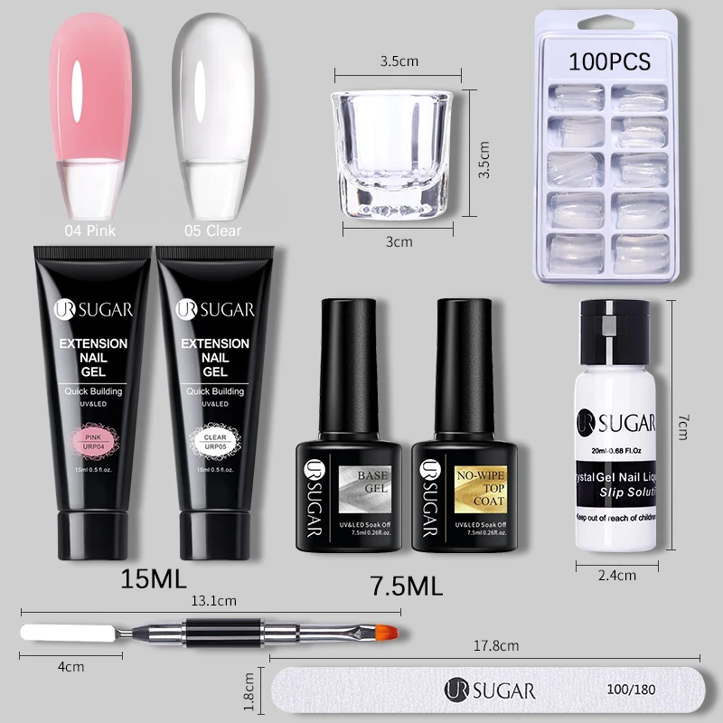 UR SUGAR 15ml Extension Nail Gel Kit Suitable for Beginners Nail Beauty Suit Base Top Gel Gel Nail Polish Soak Off UV LED