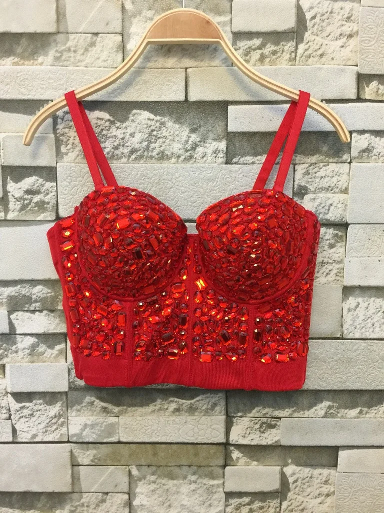 Unique red Rhinestone Gaga Bustier Pearls Diamond Push Up Night Club Bralette Women\'s Bra Top Vest fashion w1172