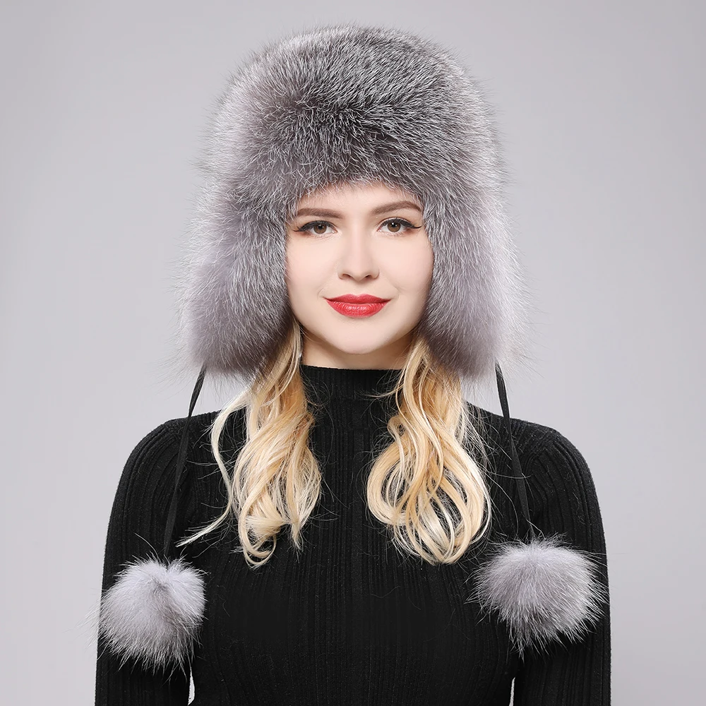 2024 New Women Natural Fox Fur Russian Ushanka Hats Winter Thick Warm Ears Fashion Bomber Hat Lady Genuine Real Fox Fur Cap