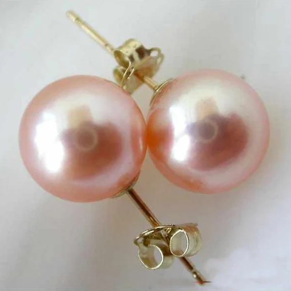 

New Classic Favorite Round Pearl Earring AAA 9MM Pink Color Seawater Pearl 14K Gold Stud Earrings Charming Lady Gift