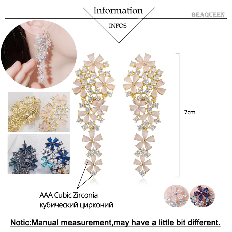 BeaQueen Trendy 70mm Wedding Cluster Flower Design Big Long Dangle Drop Earrings Multicolor Cubic Zircon Jewelry for Women E390