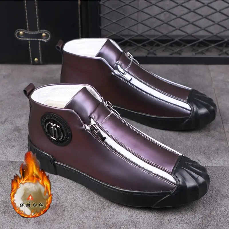 Men's simple high top casual leather shoes zipper flats luxury patent leather magic high top boots Zapatos Hombre