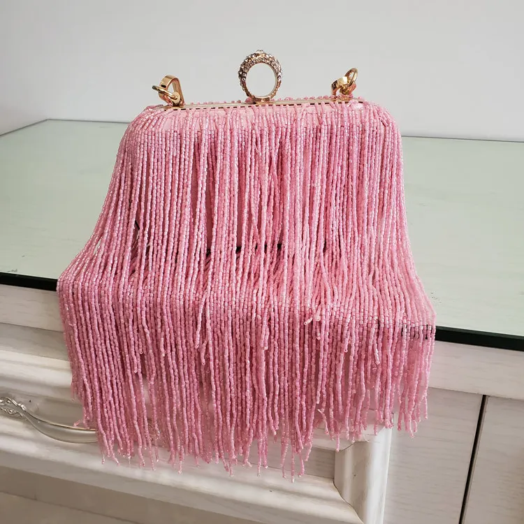 Tassels Ring Clutch Bag Women Vintage Shoulder Clutches Purse Female Sliver Fashion Party Wedding Chain Evening Bags