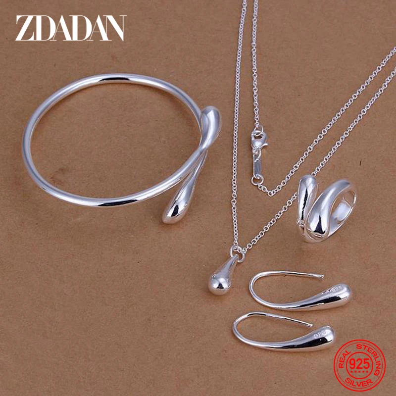 Women's 925 Silver Water Drop Necklace, Earring & Cuff Bracelet Ring Set
