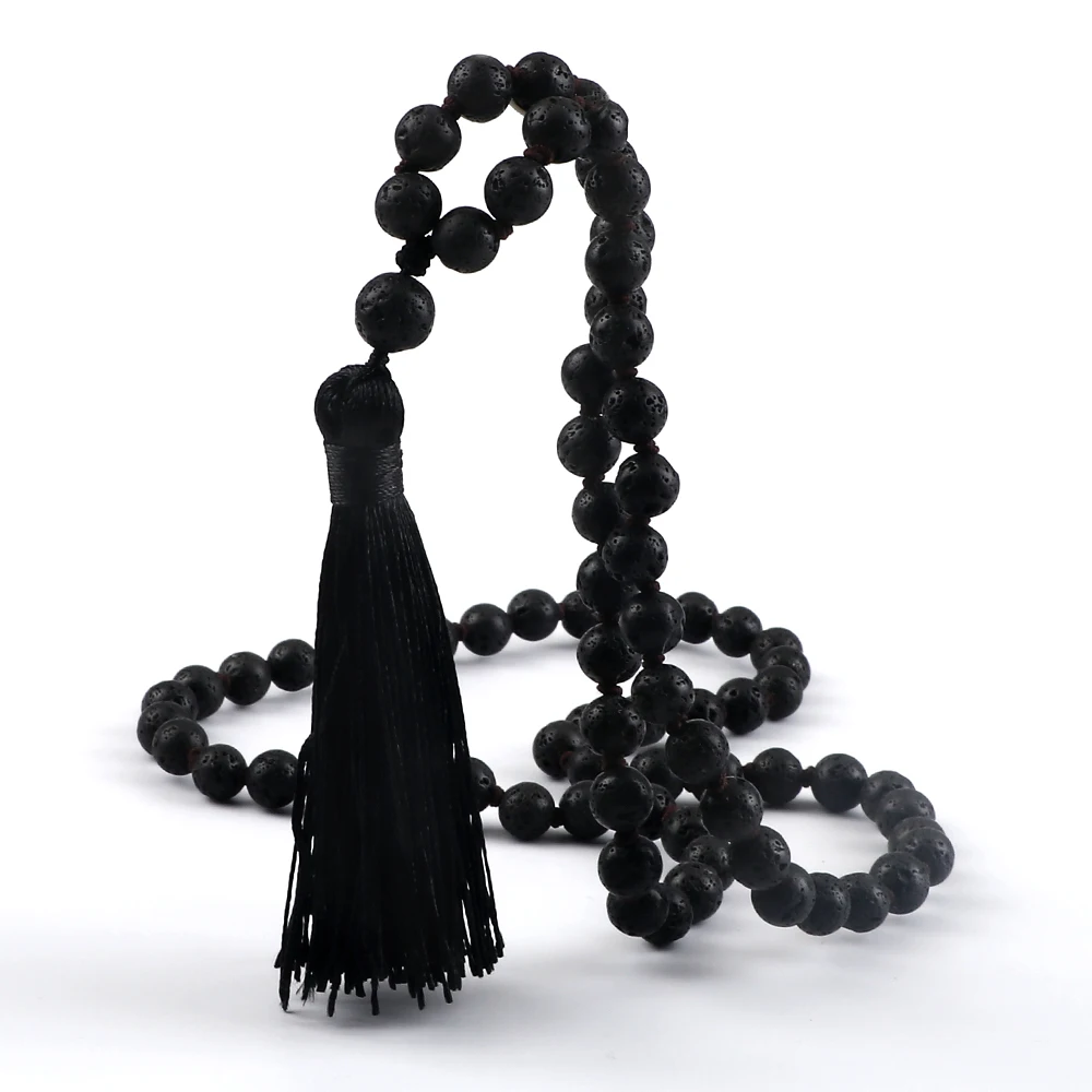 Buddhist Mala Beaded Necklaces for Women Men 6 8mm Black Lava Rock Stone Long Tassel Necklace Handmade Vintage Ethnic Jewelry
