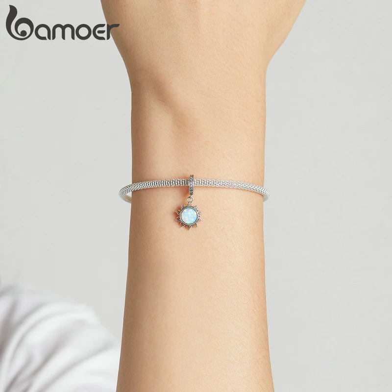 Bamoer Authentic 925 Sterling Silver Opal Sun Charms Pendant for Women Original Bracelet or Bangle Fine Jewelry Silver Gift