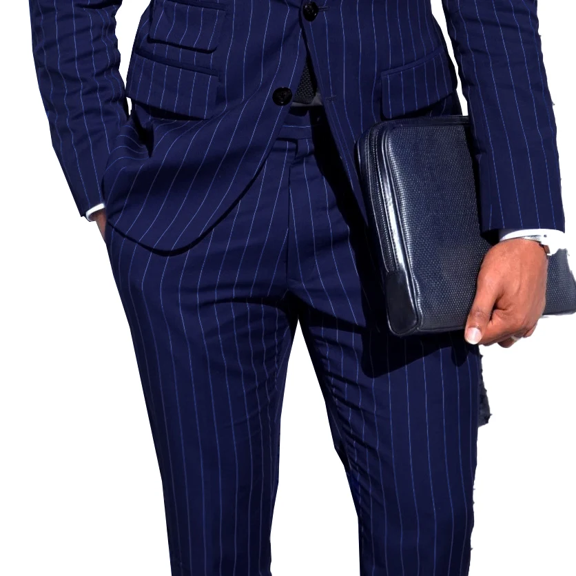 Mens Chalk Stripe Suit Custom Made Light Navy Blue Mens Striped Suit With Ticket Pocket,Tailored Single Breasted Suit Peak Lapel