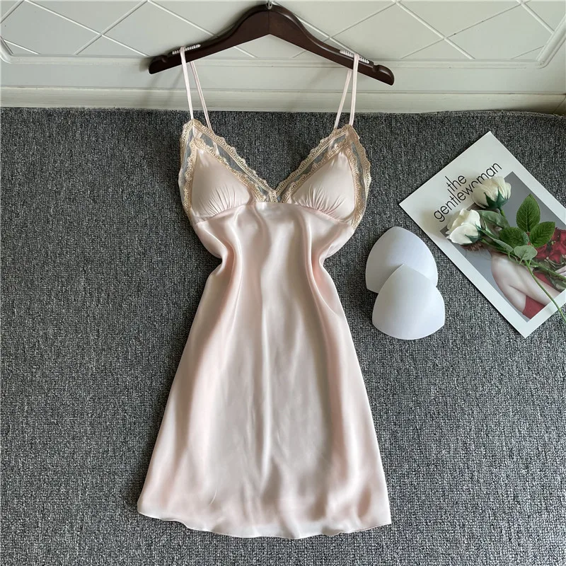 

Backless Suspender Nightgown With Bra Summer Women Sleepwear Sexy Lace Short Nightdress Thin Silk Satin Female Ingerie Home Wear