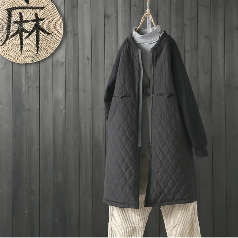 Vintage Black Outerwear Autumn Winter Women's Parka Coat Warm Jacket Female Overcoat Thin Cotton Quilted Coat