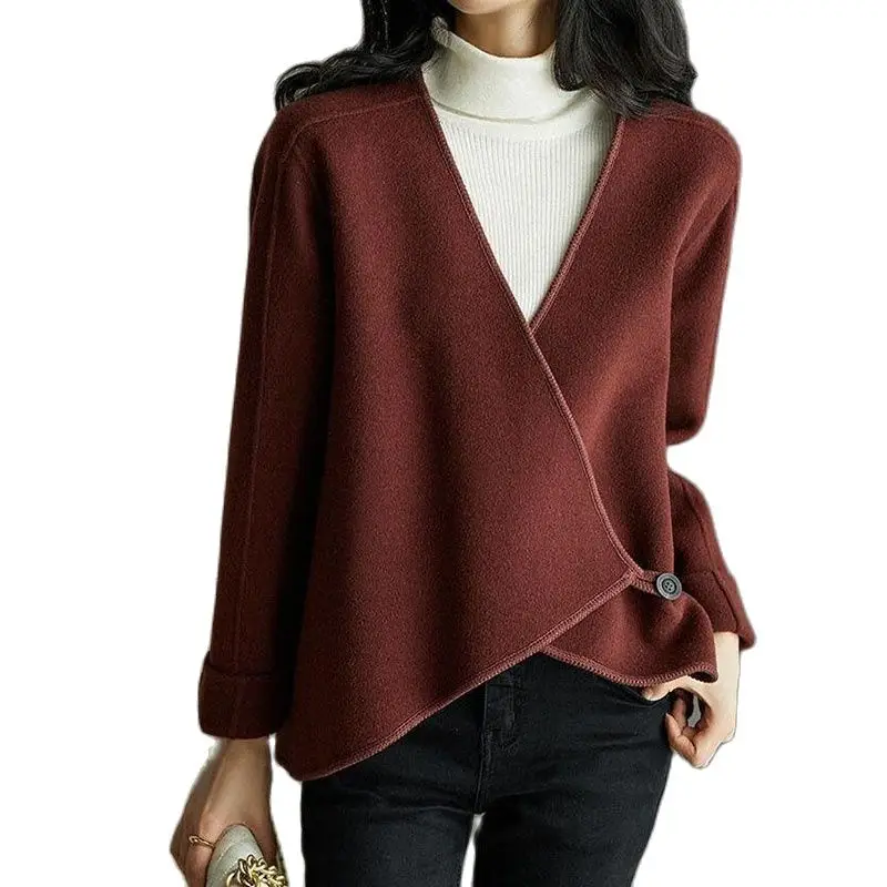 

Fashion Chic Short Woolen Coat 2024 New Spring Autumn Women's Woolen Jacket Irregular Casual Wrapped Casual Outerwear Tops