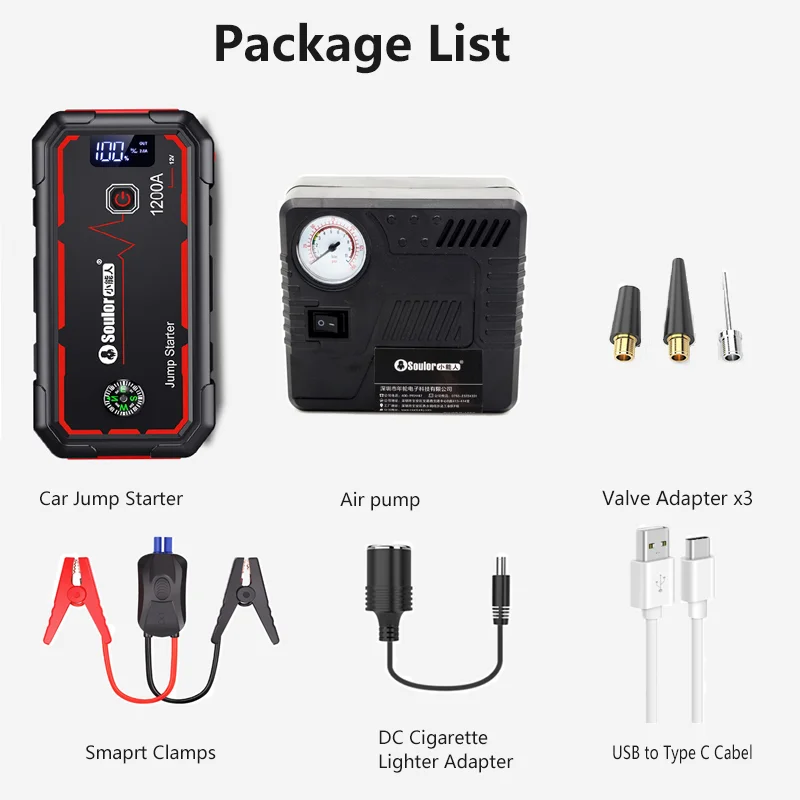 

Soulor X4 Car Jump Starter Power Bank 26000mah 2000A with air compressor inflate Portable Emergency 12V Booster battery charger