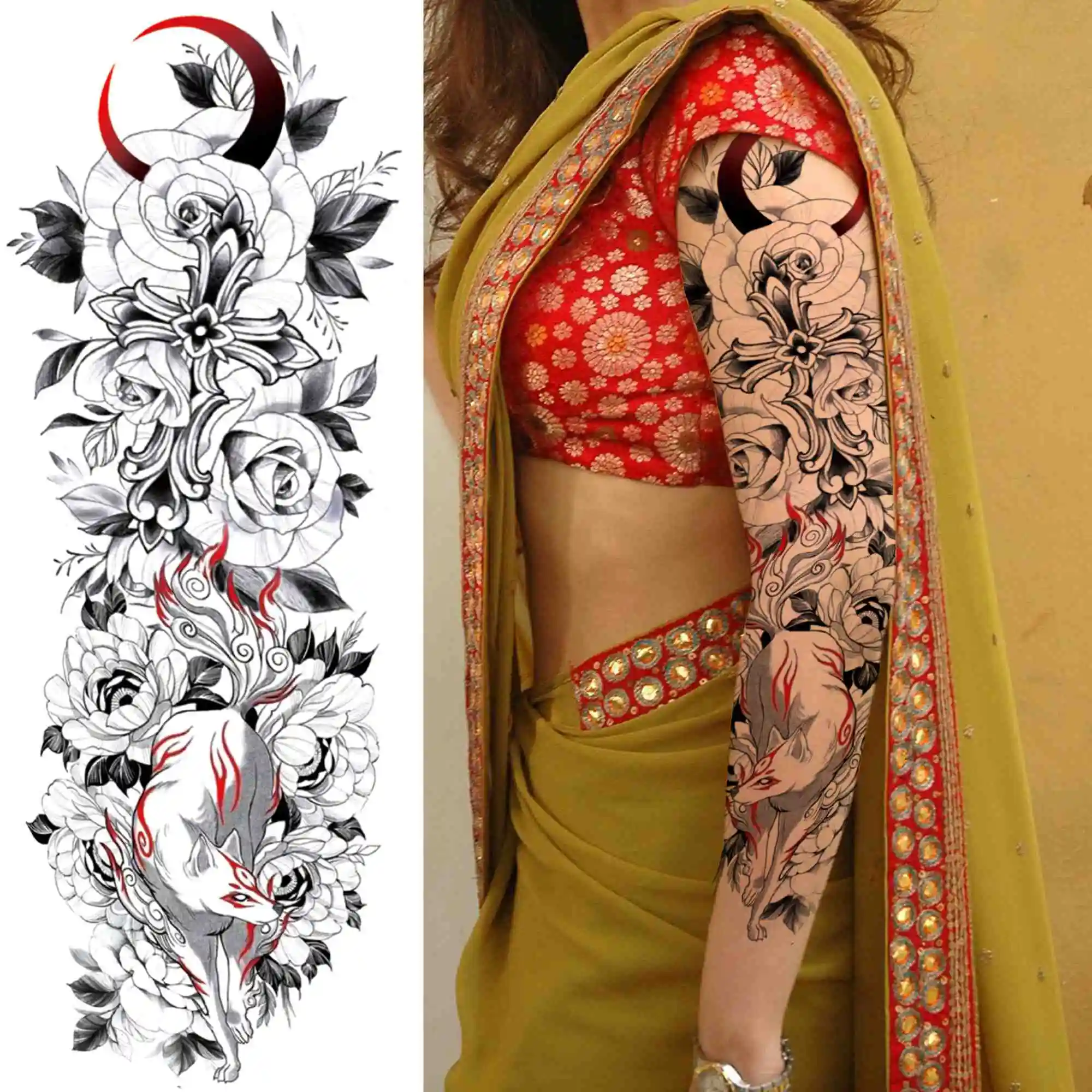 Flower Temporary Tattoo For Women Men Adult Full Arm Demon Wings Tattoos Sticker Sleeve Fake Black Skull God Tatoos Shoulder