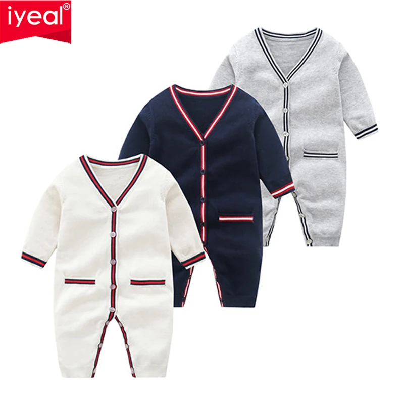 IYEAL Newborn Baby Boy Rompers Toddler Jumpsuit Girls V-neck Knitted Baby Clothes Infant Boy Overalls Children Outfit Spring