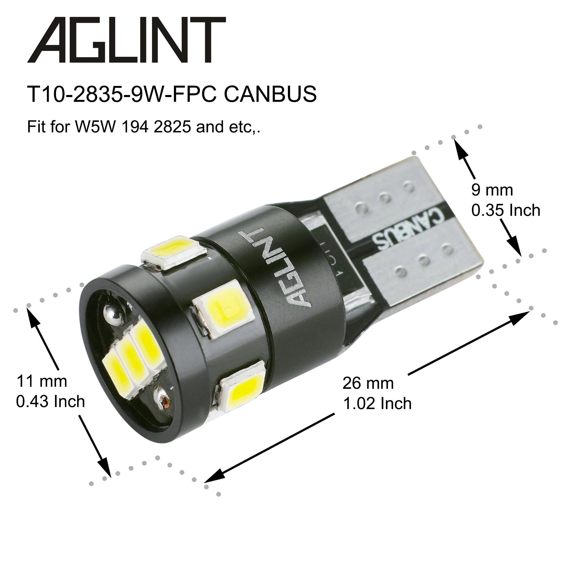 AGLINT 10pcs T10 W5W Led Canbus 오류 없음 194 168 2825 9-SMD 2835 칩셋 자동차 돔지도 도어 트렁크 번호판 조명 흰색 썸네일 4