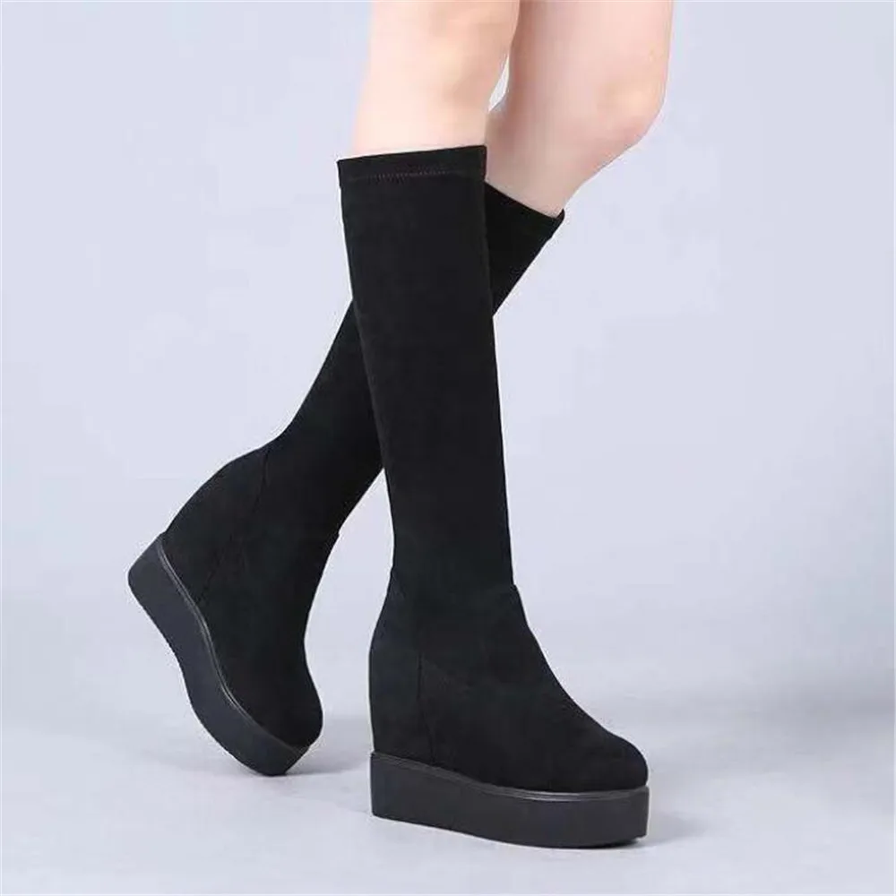 High Tube Boots Women 2024 New Flock Rear Lace Up Knight Booties Thick Bottom Shoes Inner Increase Elastic Fashion Boots Black