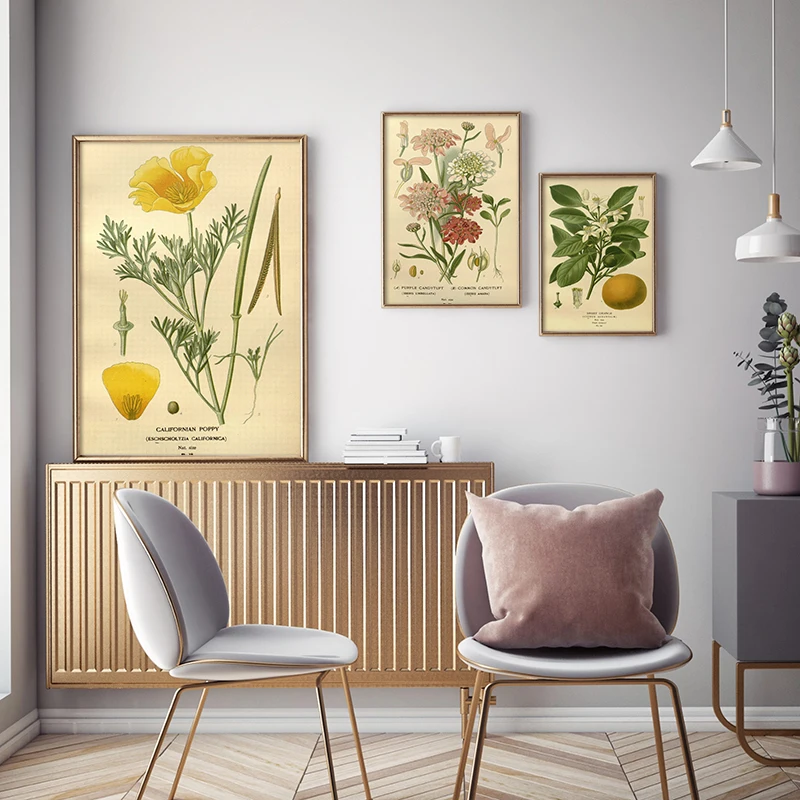 Vintage Plant Poster Botanical Flower Study Living Room Hanging Painting Tree Peony Rose Orange Picture Aesthetic Decor Canvas