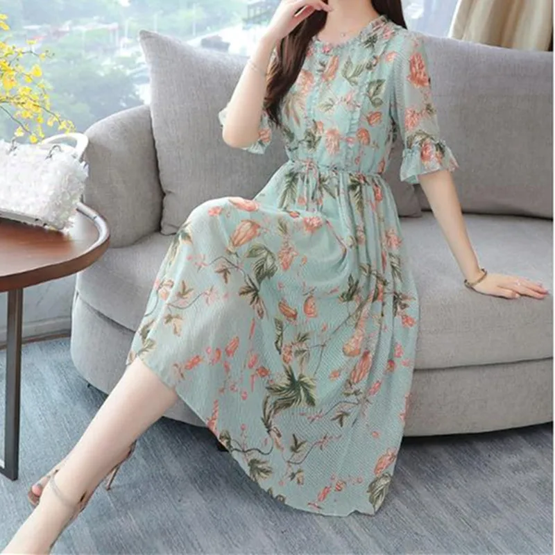 Short Sleeve Print Large Size Women's Dress 2023 New Summer O Neck Very Fairy Cover Belly Was thin over knee Dress