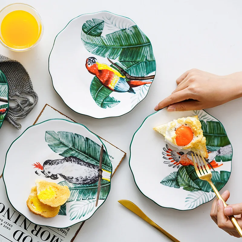 8 inch Hand-painted Bird Dinner Plate Under-glazed Ceramic Dinner Dishes Dessert Tray Flower Parrot Dinnerware Microwave Safe