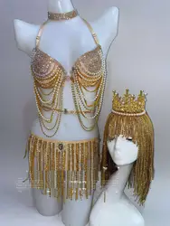 Women party girl stage dance wear Sexy gold silver chain pearl bikini costume Female singer crown costumes