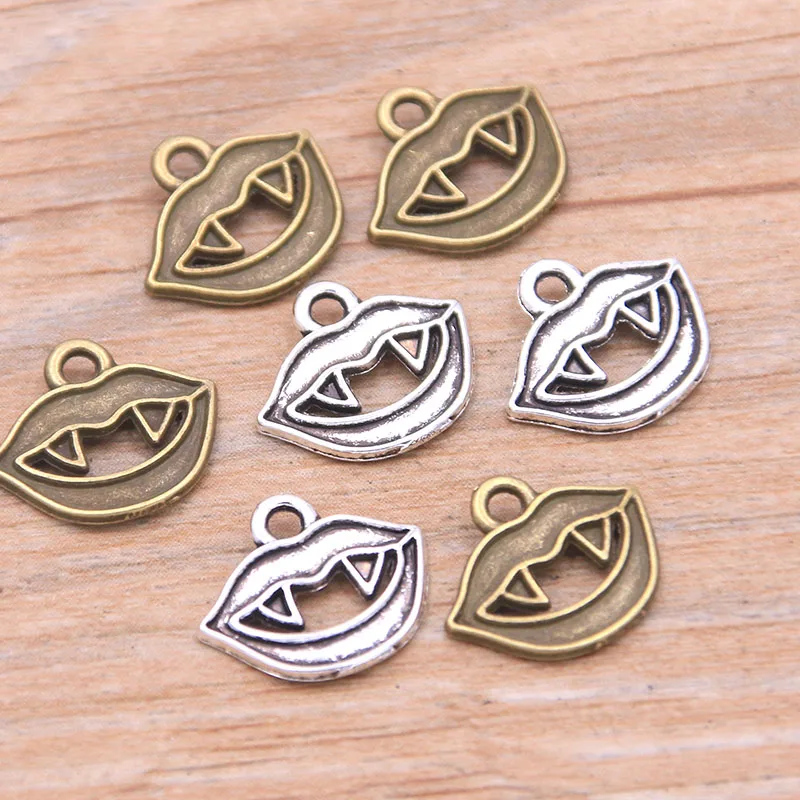 PULCHRITUDE 60pcs 10*13mm Two Color Devil Mouth Charms Halloween Pendants Handmade Decoration Vintage For DIY Jewelry Making