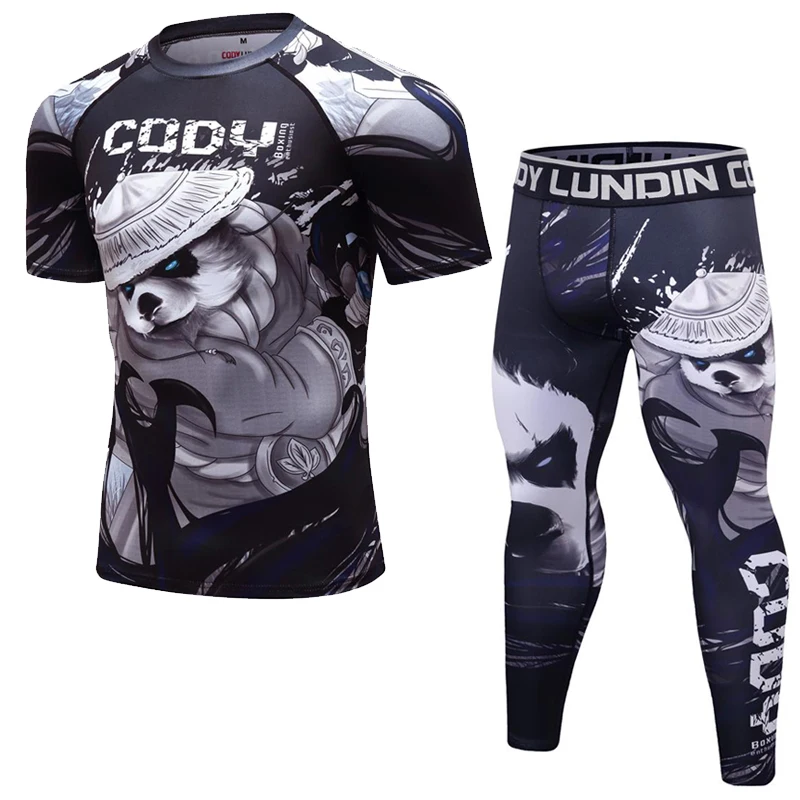 

Men Boxing Suit Compression Sport Running T-Shirt+Pants Sets Tight Kickboxing Tracksuit MMA Muay Training Rashguard Fightwear