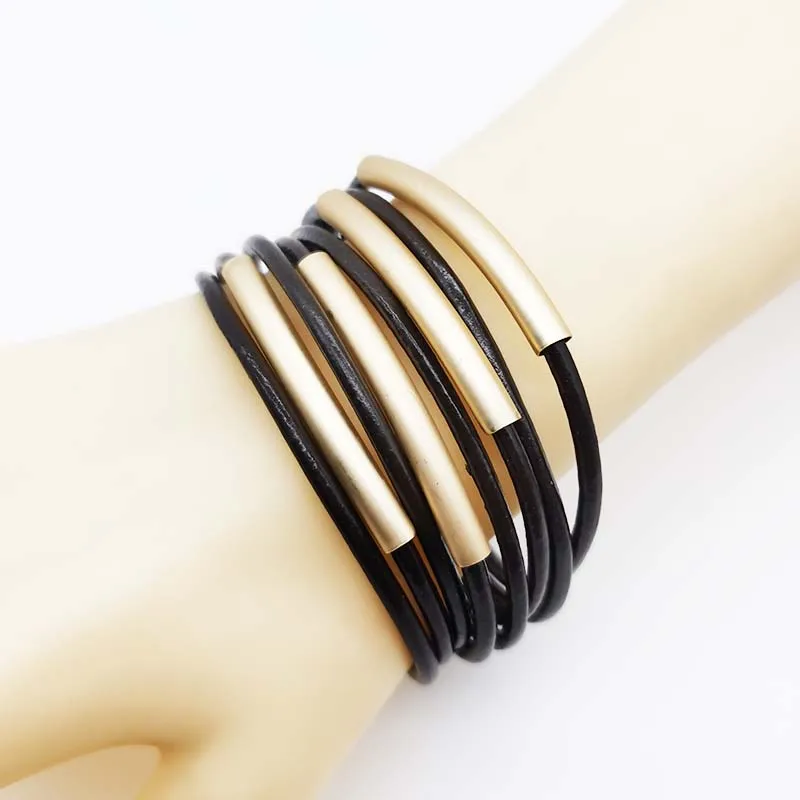 TOTABC Fashion Punk Pattern Leather Bracelets for Women Trendy Metal Pipe Wide Multilayer Wrap Bracelet Female Femme Jewelry