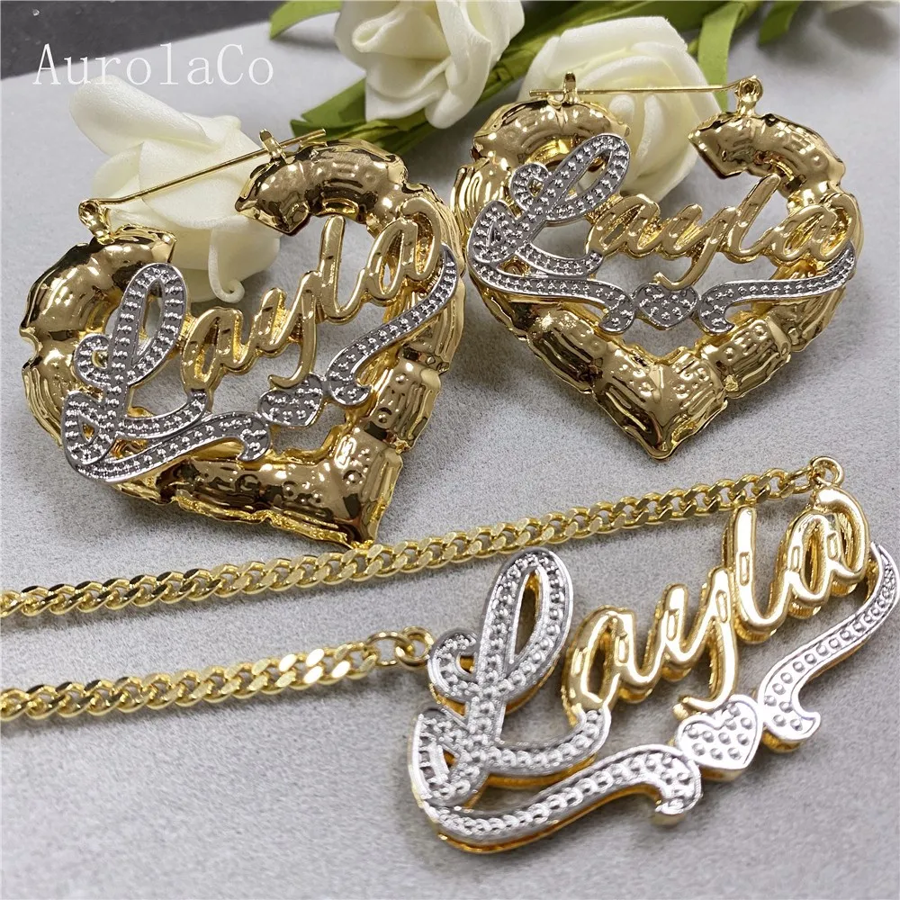 AurolaCo Custom Name Jewelry Set Heart Fashion New Ladies Hoop Earrings Custom Name Earrings Gold Heart Earrings Holiday Gifts