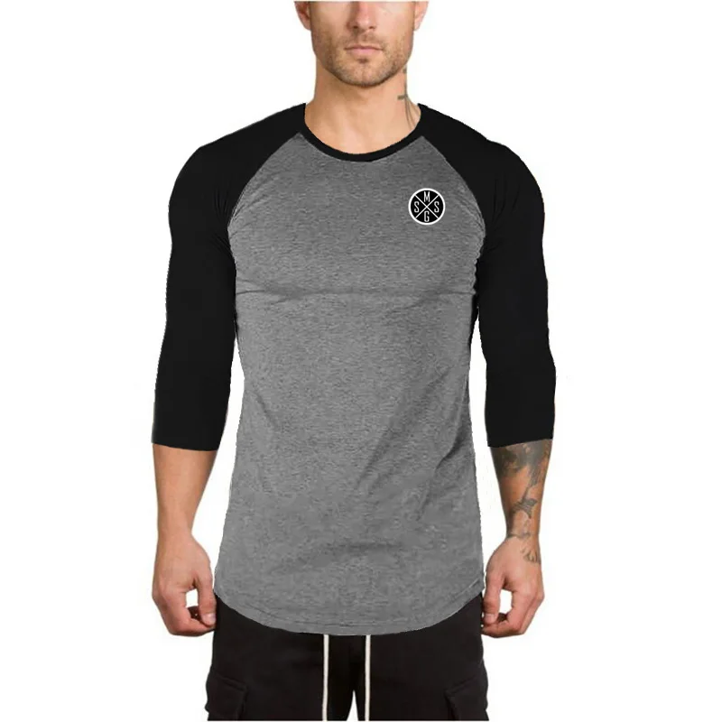 2020 Casual Fashion Men's Slim T-shirt Print Design Long Stylish Luxury O Neck Fitness 3/4 Sleeve  Clothing Bodybuilding