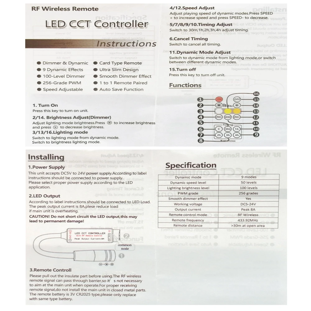 DC5-24V 16Key RF CCT Mini Led Controller Dimmer Wireless Remote For 4PIN 5050 RGBW Strip Light With Function Timing Speed Adjust