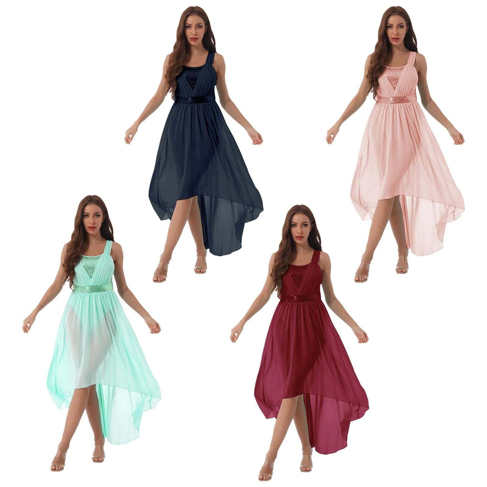 Frauen Ärmellose Pailletten Sheer Chiffon Kleid Ballett Lyrical Dance Performance Kostüm Unregelmäßigen Saum Maxi Kleid Trikot Dancewear