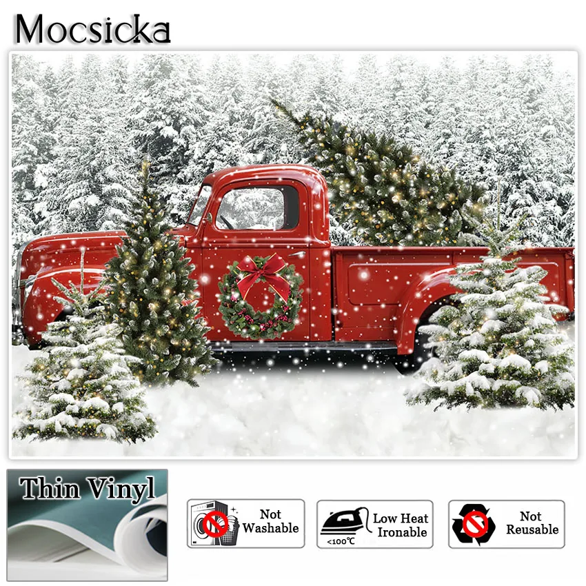 Fond de photographie de camion rouge de Noël, forêt de neige d'hiver, arbre, Let it Snow, fête saisonnière, photographie de portrait, séance photo P