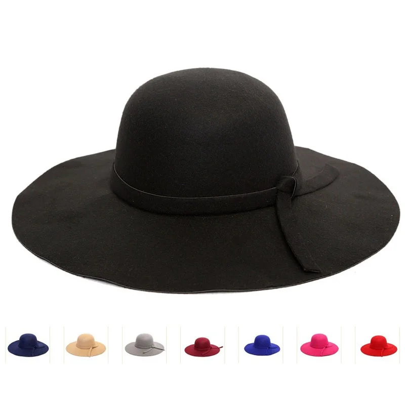 Bowknot Top Hat Ladies Big Brim Fashion Dome New Imitation Woolen Fedora Autumn Winter Warm Hat