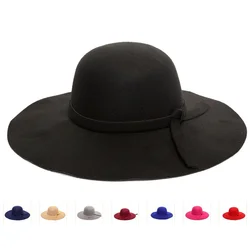 Bowknot Top Hat Ladies Big Brim Fashion Dome New Imitation Woolen Fedora Autumn Winter Warm Hat