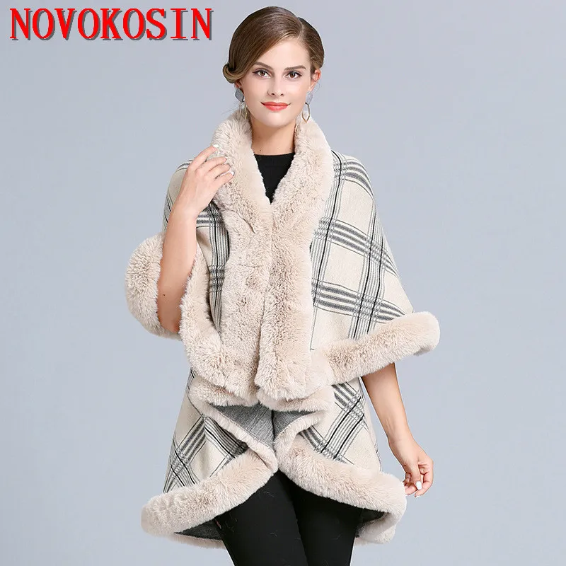 7 Colors Winter Warm Khaki Long 2 Layers Shawl Poncho Faux Cashmere Cape Plaid Women Imitation Fox Fur Loose Streetwear Coat