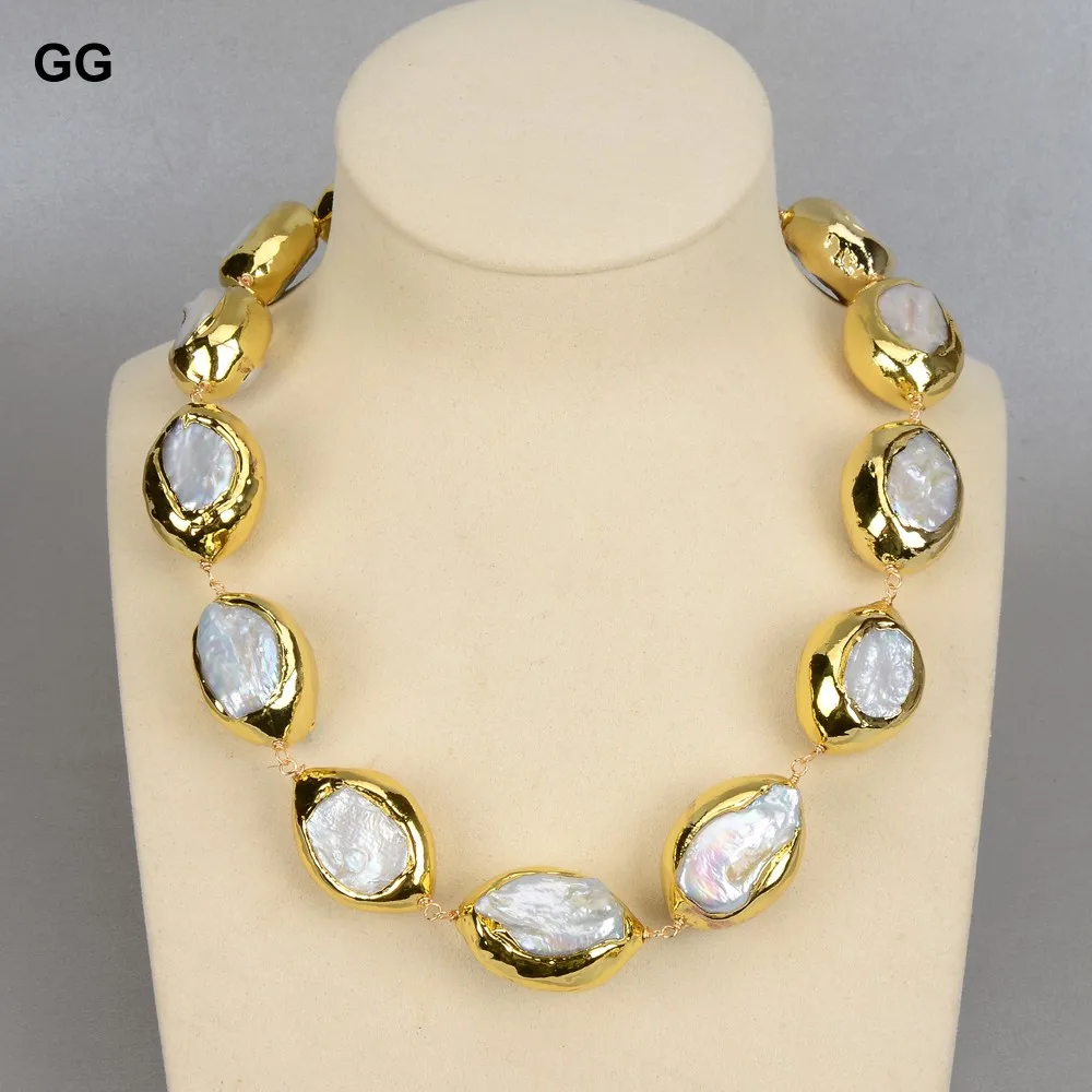 GG Cultured White Keshi Pearl Gold Plated Oval Beads Chokers Necklace Bracelet Earrings Sets Classic For Women