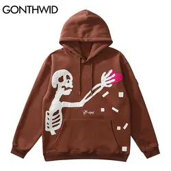 GONTHWID Hip Hop Streetwear Hoodie Sweatshirt Skeleton Patch Fleece Hooded 2024 Mens Harajuku Winter Cotton Pullover Brown