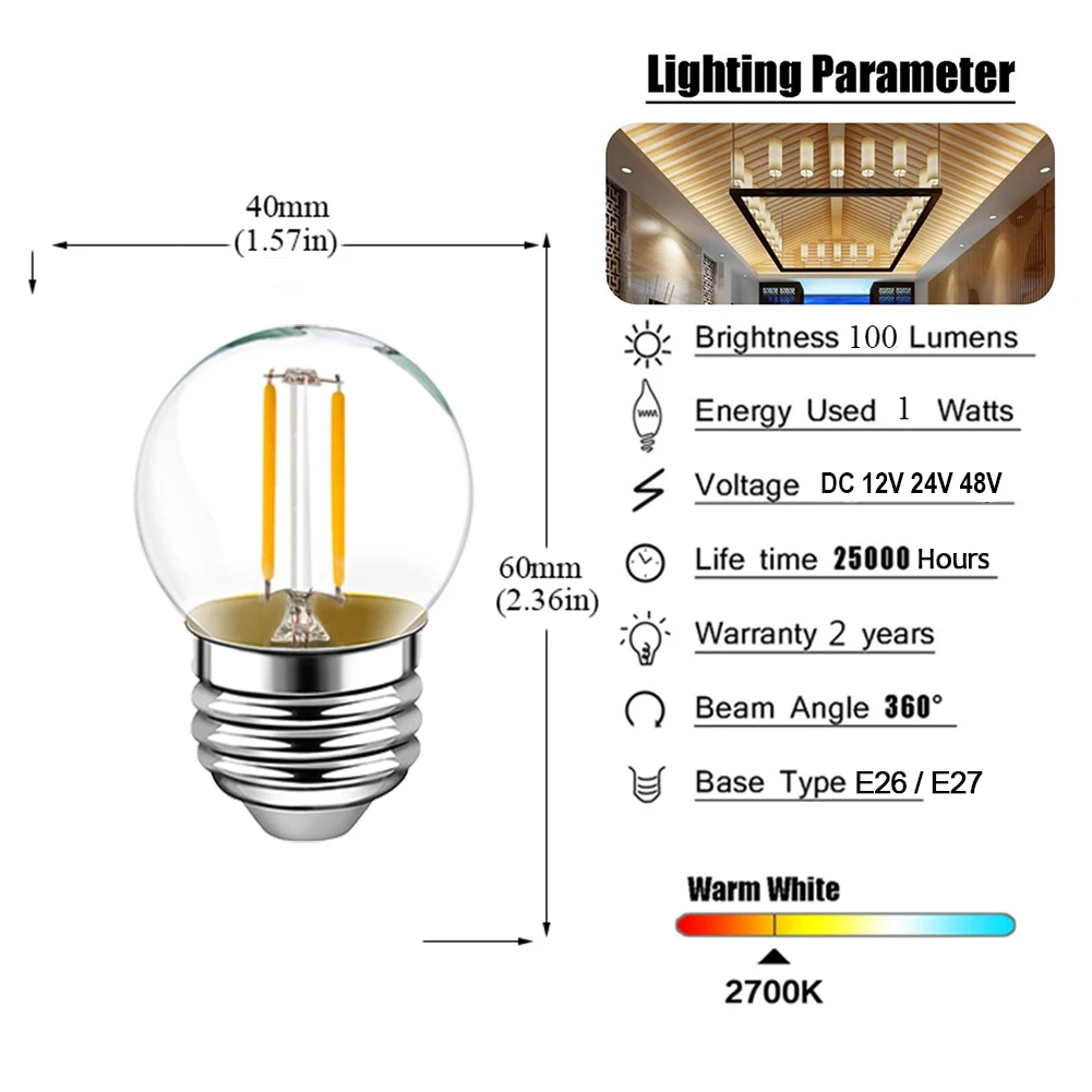 Led Filament Light Low Voltage E12 E14 Led Lamp DC12V 24V T22 G40 A19 ST58 6W LED Light Bulb 2700K RV Locomotive Room Light