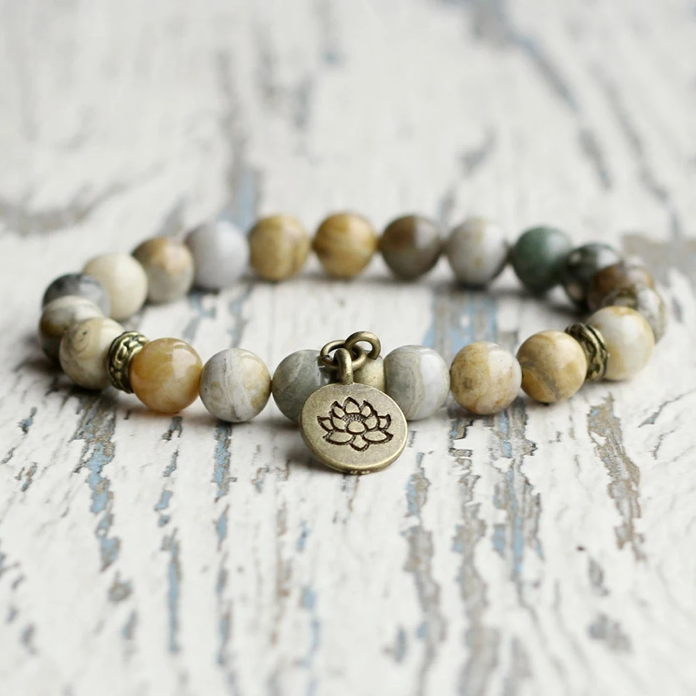 

Wholesale 8 mm A Grade Ocean Jasper Mala Bracelet Natural Gemstone Handmade Bracelet New Design Women`s Yoga Bracelet