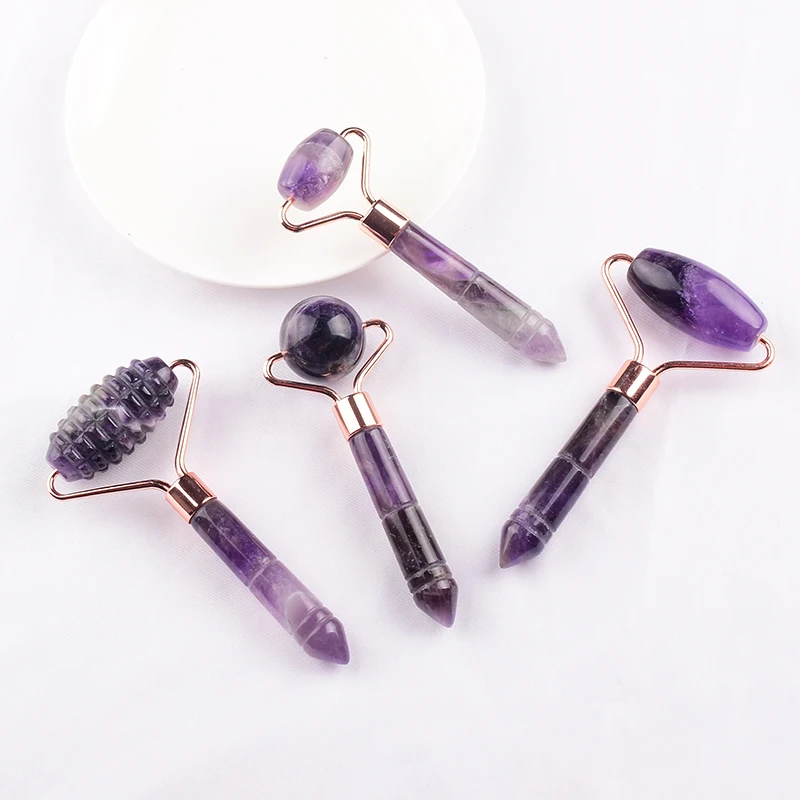 Großhandel Amethyst Kristall Roller Gesicht Pflege Gua Sha Werkzeug Natürliche Stein Quarz Gesichts Gesundheit Massage Zauberstab Spa Akupunktur Schönheit