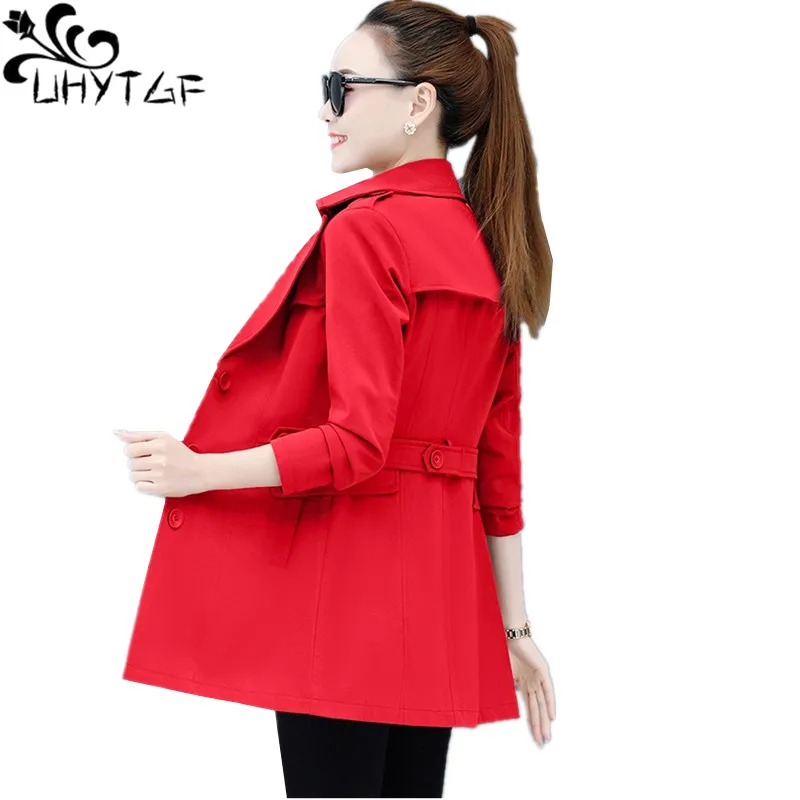 UHYTGF Casual Womens Spring Autumn Trench Coat Fashion Lapel Mid-Length Slim Big Size Windbreaker Female Elegant Outerwear 2097