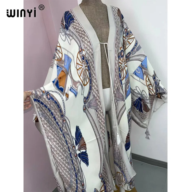 Imagem -03 - Winyi Novo Biquíni de Algodão Doce Senhora Rosa Boho Impressão Auto com Cinto Frente Aberta Longo Kimono Vestido Praia Túnica Vestido Bodycon Feminino Vestidos 2023