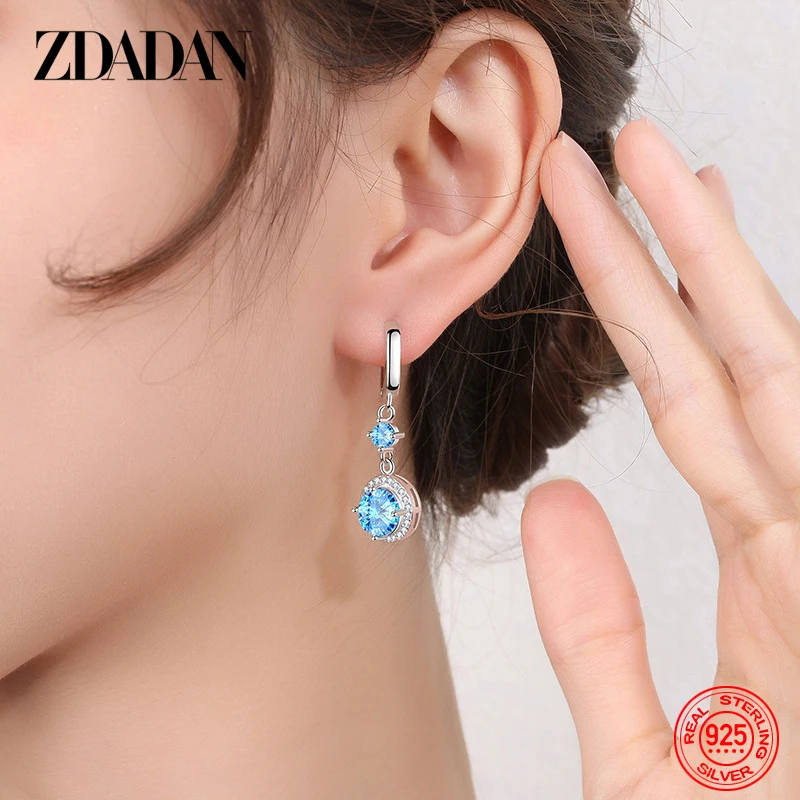 ZDADAN 925 Sterling Silver Geometric Blue Water Drop Earrings For Women Fashion Jewelry Wedding Gift