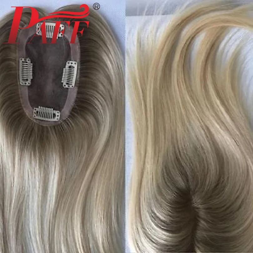 6-20inch Ombre Color Human Hair Topper Blond PU mono Base 100% Remy Hair Hair Piece Skin Clip in 4/613 Toupee Hair For Women