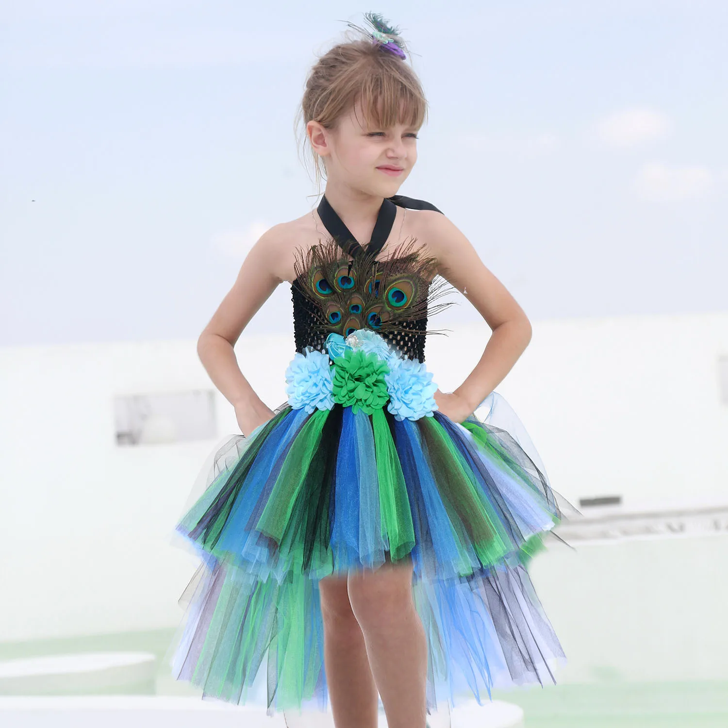 NEW Flower Feathers Girls Peacock Tutu Dress Kids Tulle Princess Peacock Costume for Girls Pageant Halloween Birthday Party Gown