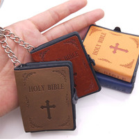 Mini Holy Bible Keychain Leather Real Paper Can Read Keyrings Religious Christian Cross Key Chains Car Key Ring Bag Pendant Gift