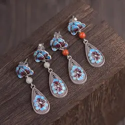 silver inlaid South Red Jade peony Cloisonne Enamel Earrings Chinese style retro minority design elegant women's brand jewelry