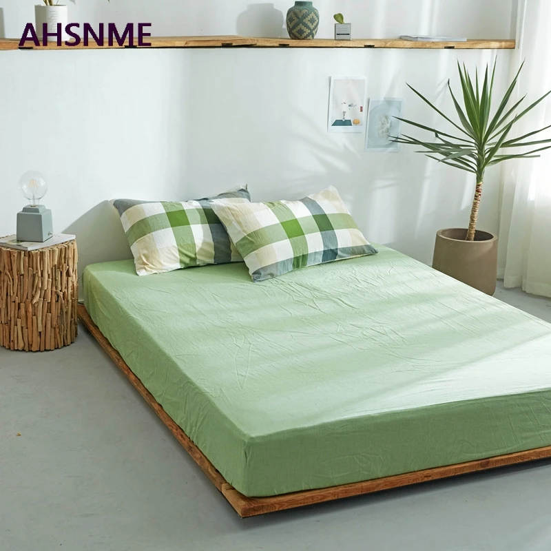 AHSNME Grass green 100% Cotton sheets Super Soft parure de lit Cool Summer Simple Water Fitted Sheet 135/150/200/180/200cm