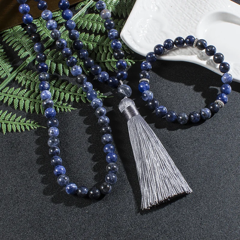 8mm Natural Sodalite Japamala Necklace Meditation Yoga Spirit Jewelry Set 108 Mala Beaded Women\'s Fashion Rosary Tassel Pendant