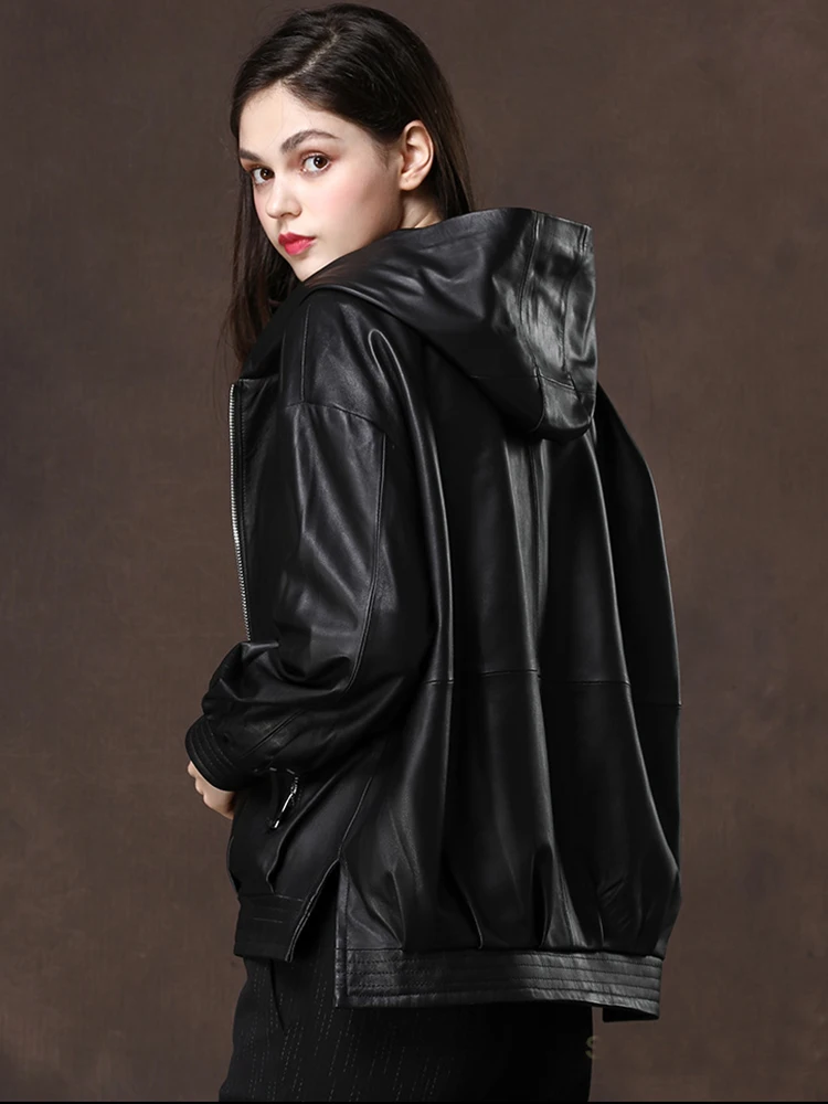 Nerazzurri Spring Autumn Casual Hooded Waterproof Black Soft Pu Leather Jackets for Women with Drop Shoulder Long Sleeve Zipper